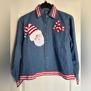 Vintage Christmas Santa Candy Cane Medium Denim Button-up Lighthouse Apparel top
